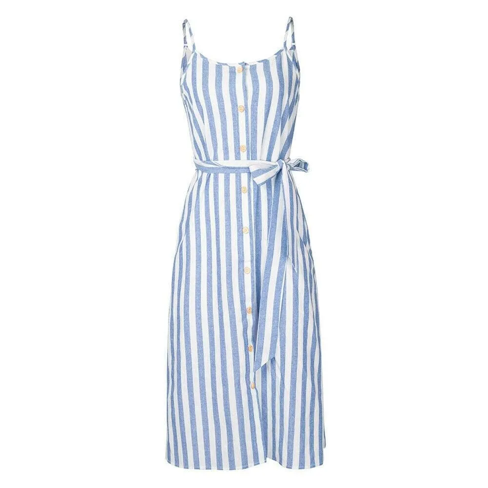 FashionSierra - Women Holiday Strappy Button Stripe Dress New Fashion Summer Ladies Beach Casual Sleeveless High Waist Sun Dress Hot