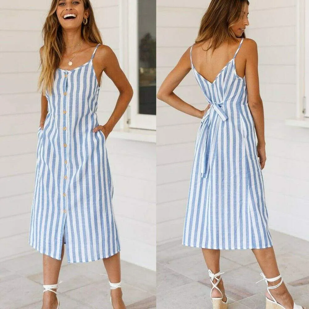 FashionSierra - Women Holiday Strappy Button Stripe Dress New Fashion Summer Ladies Beach Casual Sleeveless High Waist Sun Dress Hot