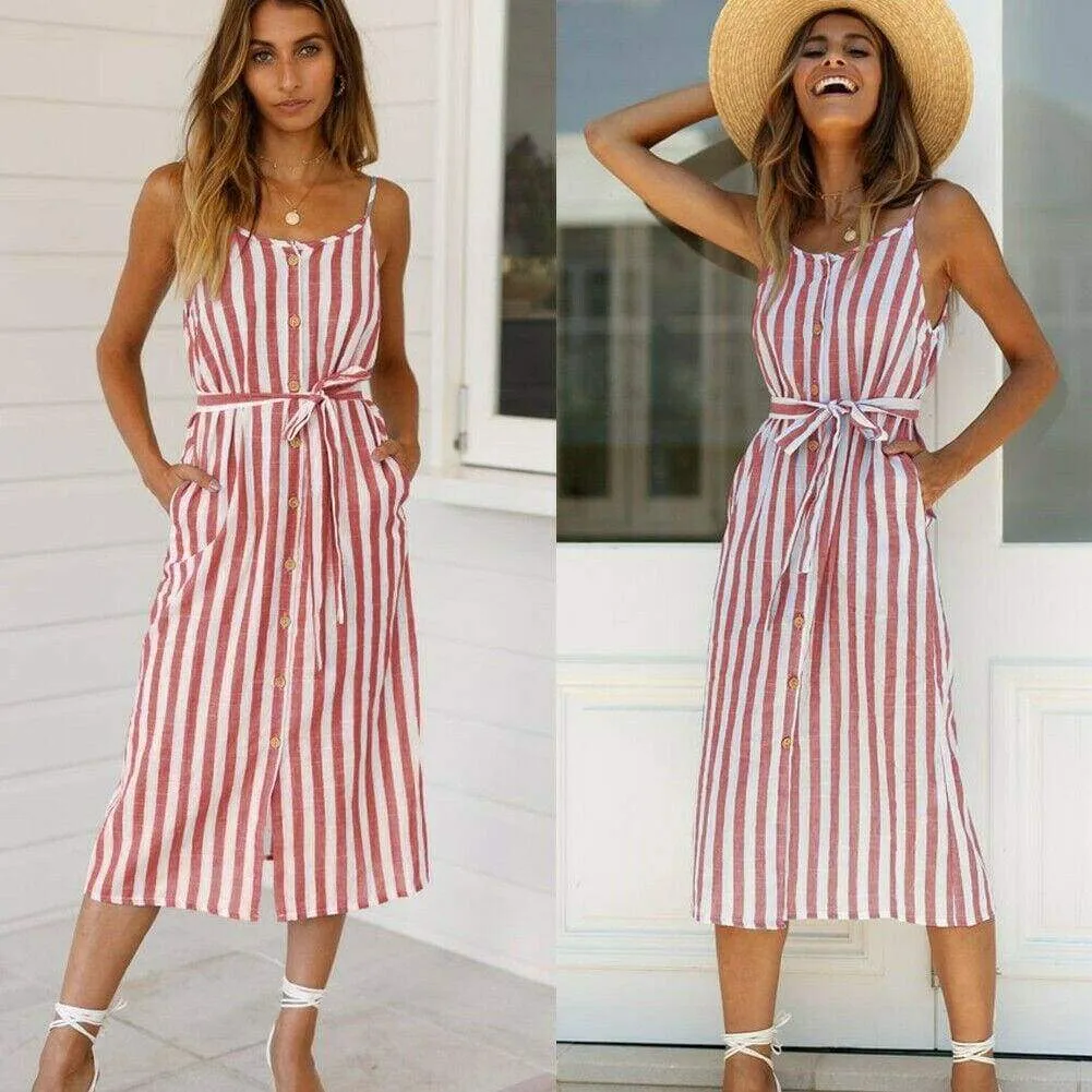 FashionSierra - Women Holiday Strappy Button Stripe Dress New Fashion Summer Ladies Beach Casual Sleeveless High Waist Sun Dress Hot