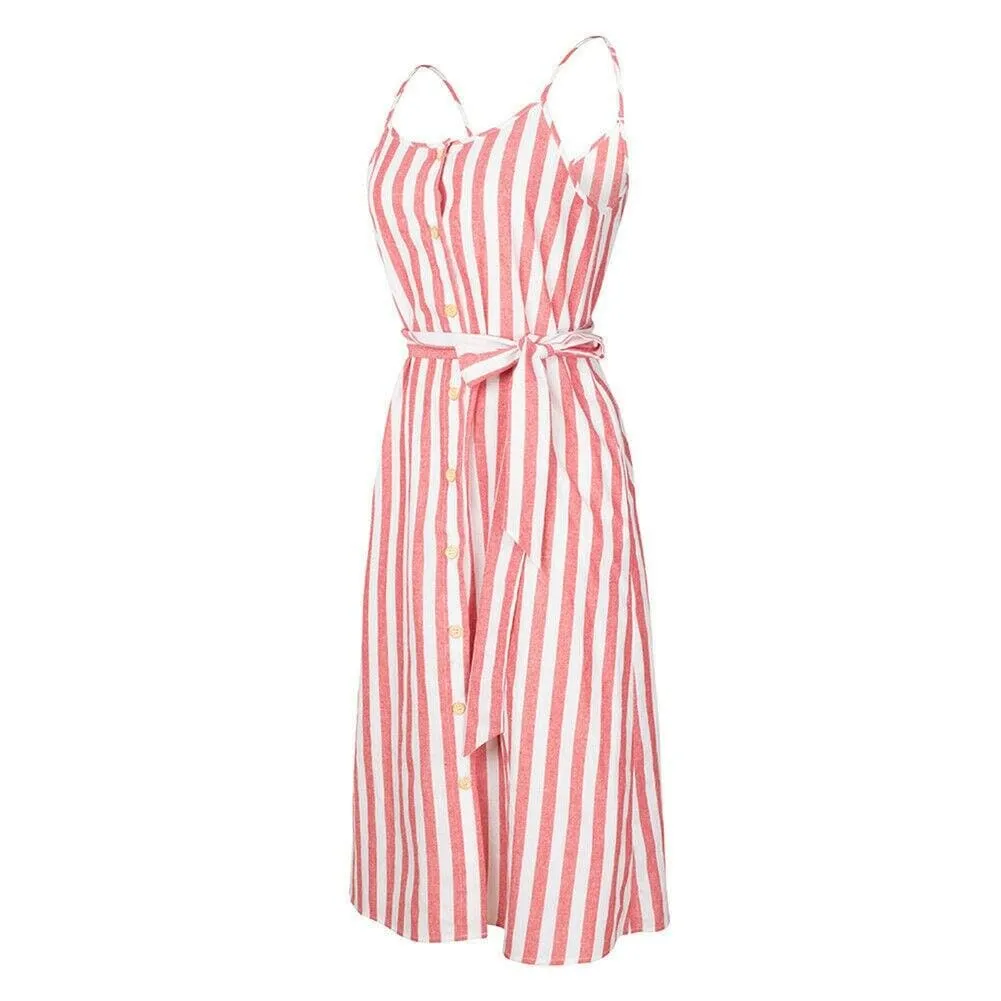 FashionSierra - Women Holiday Strappy Button Stripe Dress New Fashion Summer Ladies Beach Casual Sleeveless High Waist Sun Dress Hot