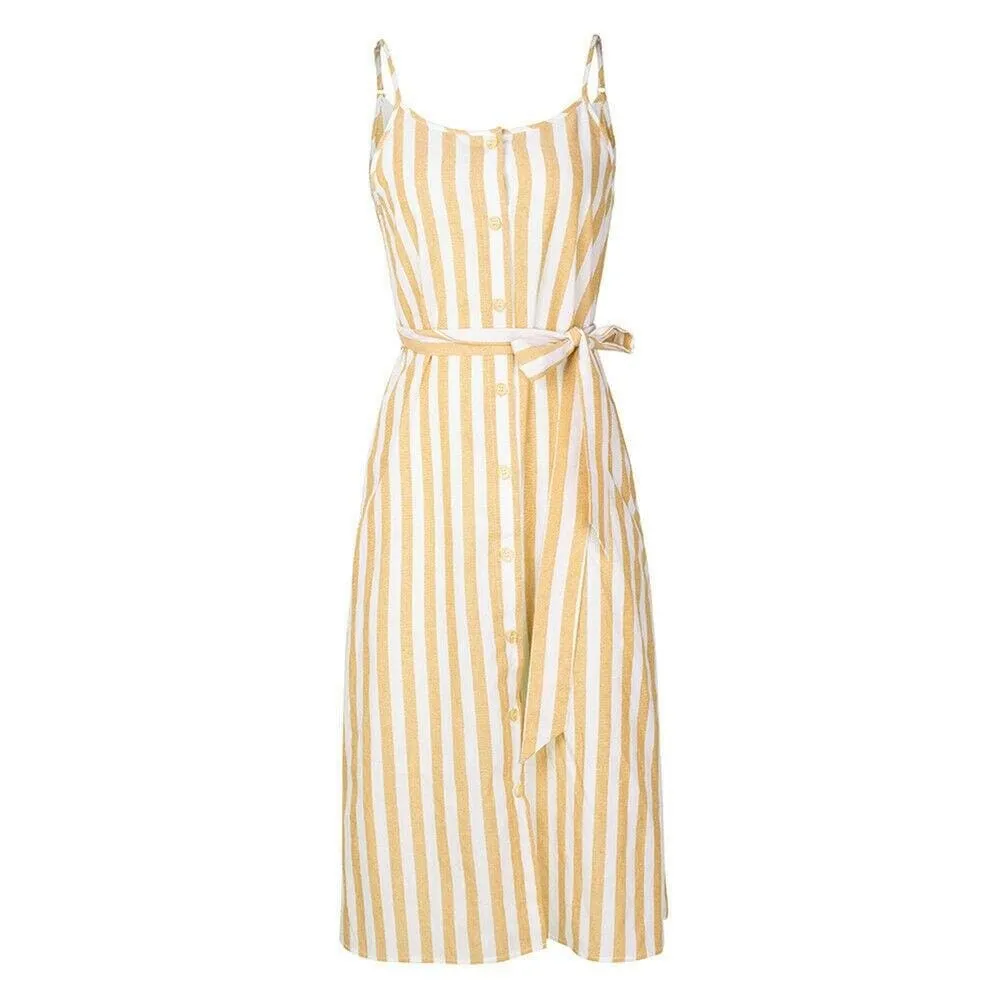 FashionSierra - Women Holiday Strappy Button Stripe Dress New Fashion Summer Ladies Beach Casual Sleeveless High Waist Sun Dress Hot