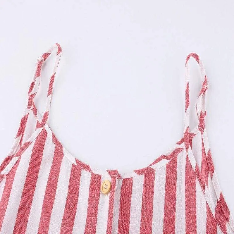 FashionSierra - Women Holiday Strappy Button Stripe Dress New Fashion Summer Ladies Beach Casual Sleeveless High Waist Sun Dress Hot