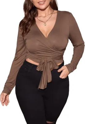 Floerns Women's Plus Size V Neck Long Sleeve Wrap Knot Front T Shirt Crop Top