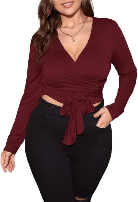 Floerns Women's Plus Size V Neck Long Sleeve Wrap Knot Front T Shirt Crop Top