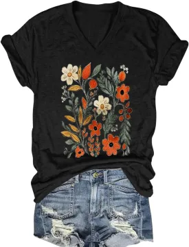 Flower Kindly Shirt for Women Funny Wildflower Plant T-Shirt Bohemian Summer Vacation V Neck Tops