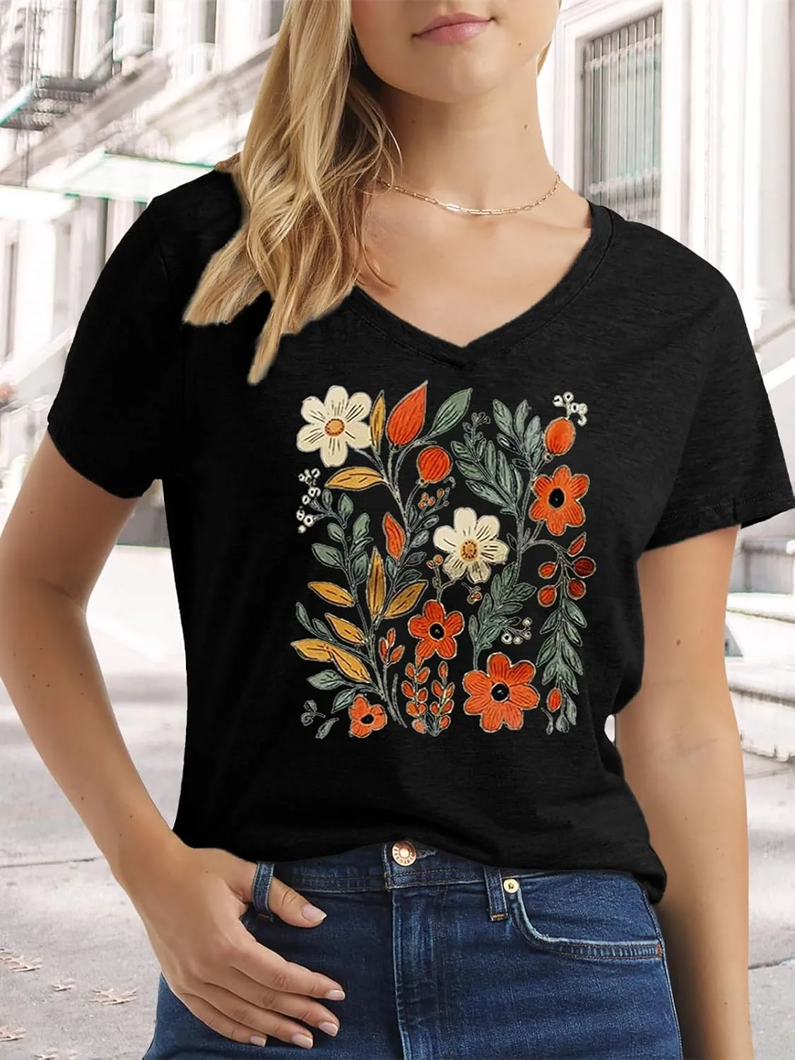 Flower Kindly Shirt for Women Funny Wildflower Plant T-Shirt Bohemian Summer Vacation V Neck Tops