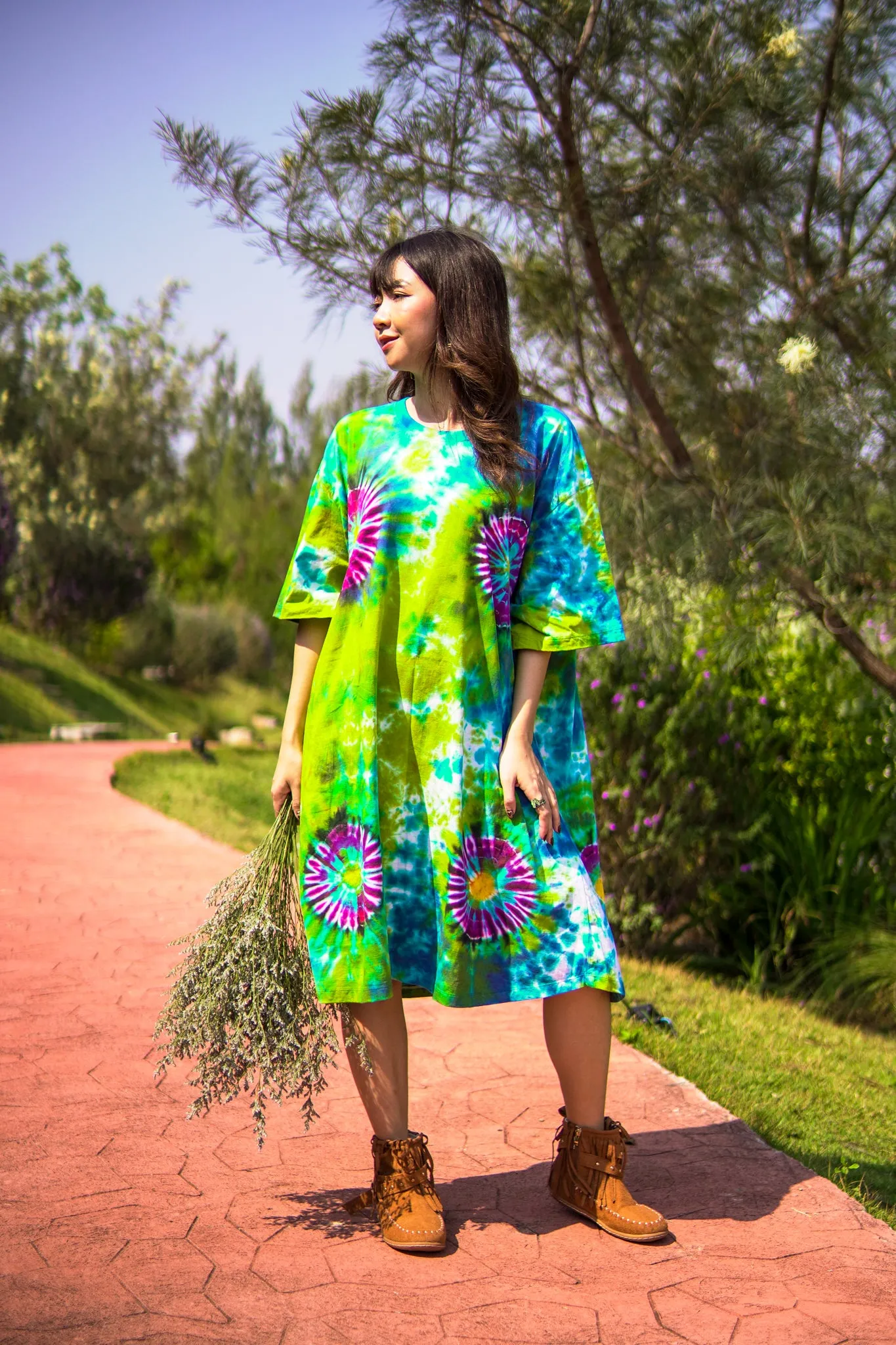 Forest Glow Hand Dyed Boho Cotton Dress with Pockets