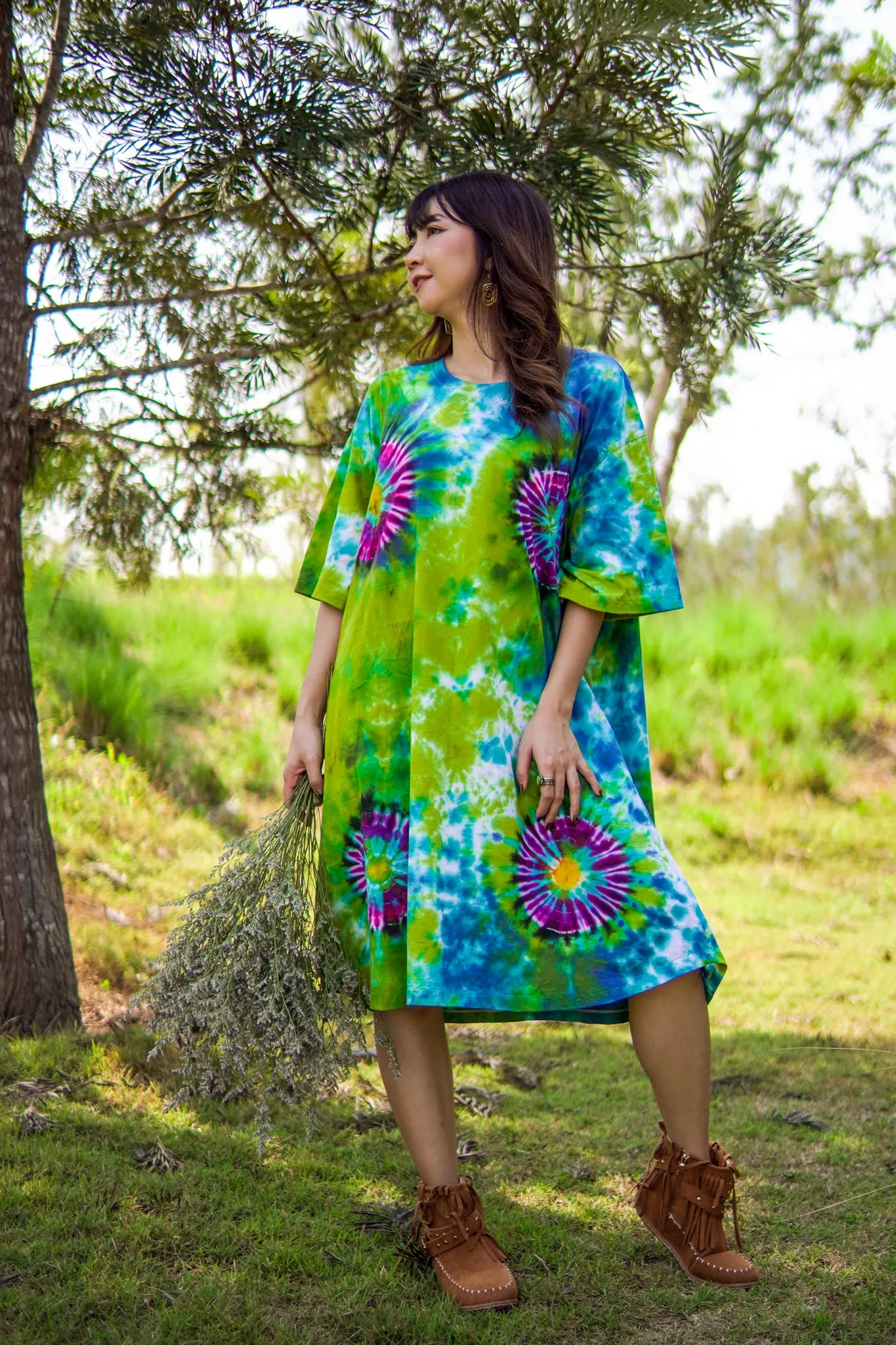 Forest Glow Hand Dyed Boho Cotton Dress with Pockets