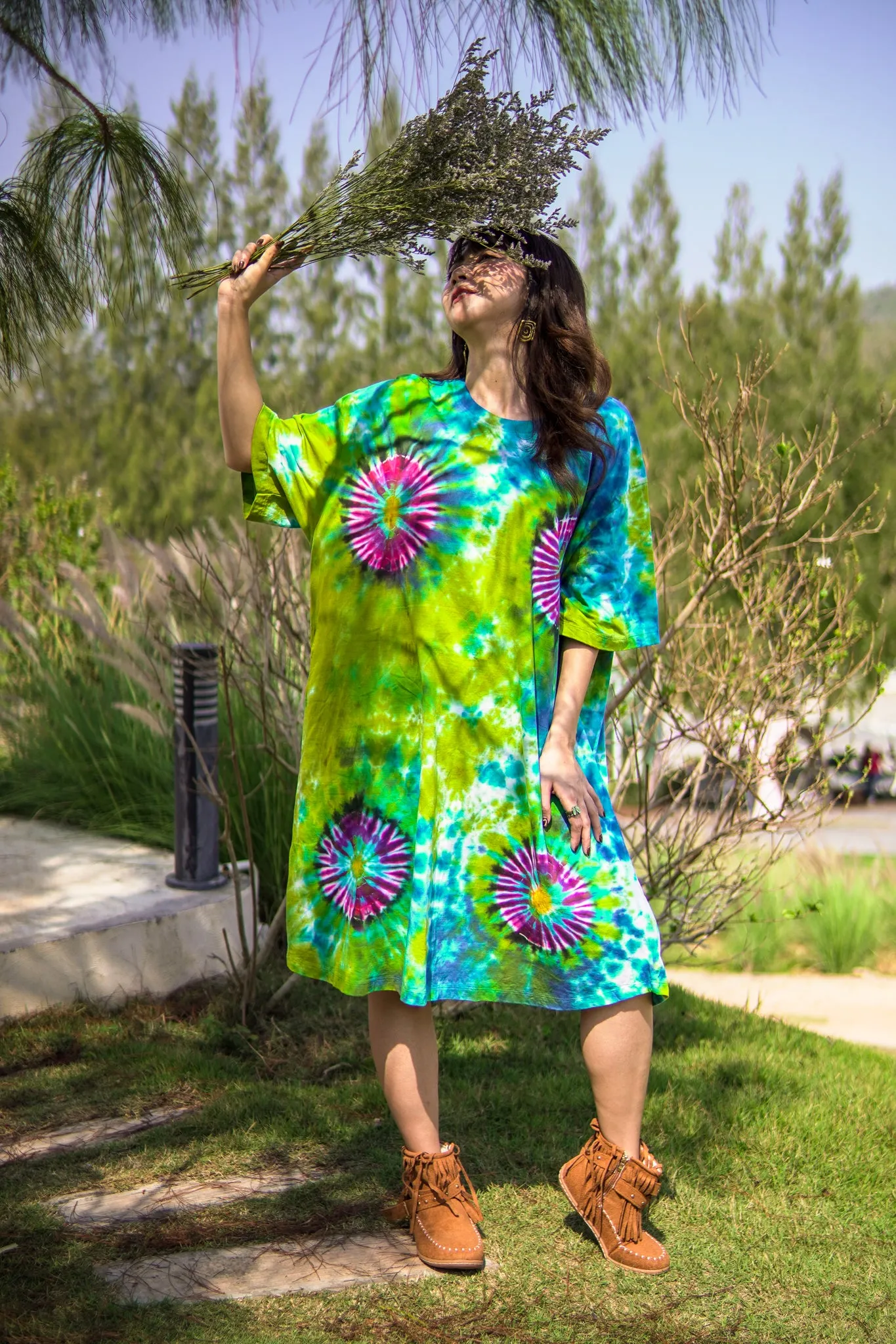 Forest Glow Hand Dyed Boho Cotton Dress with Pockets