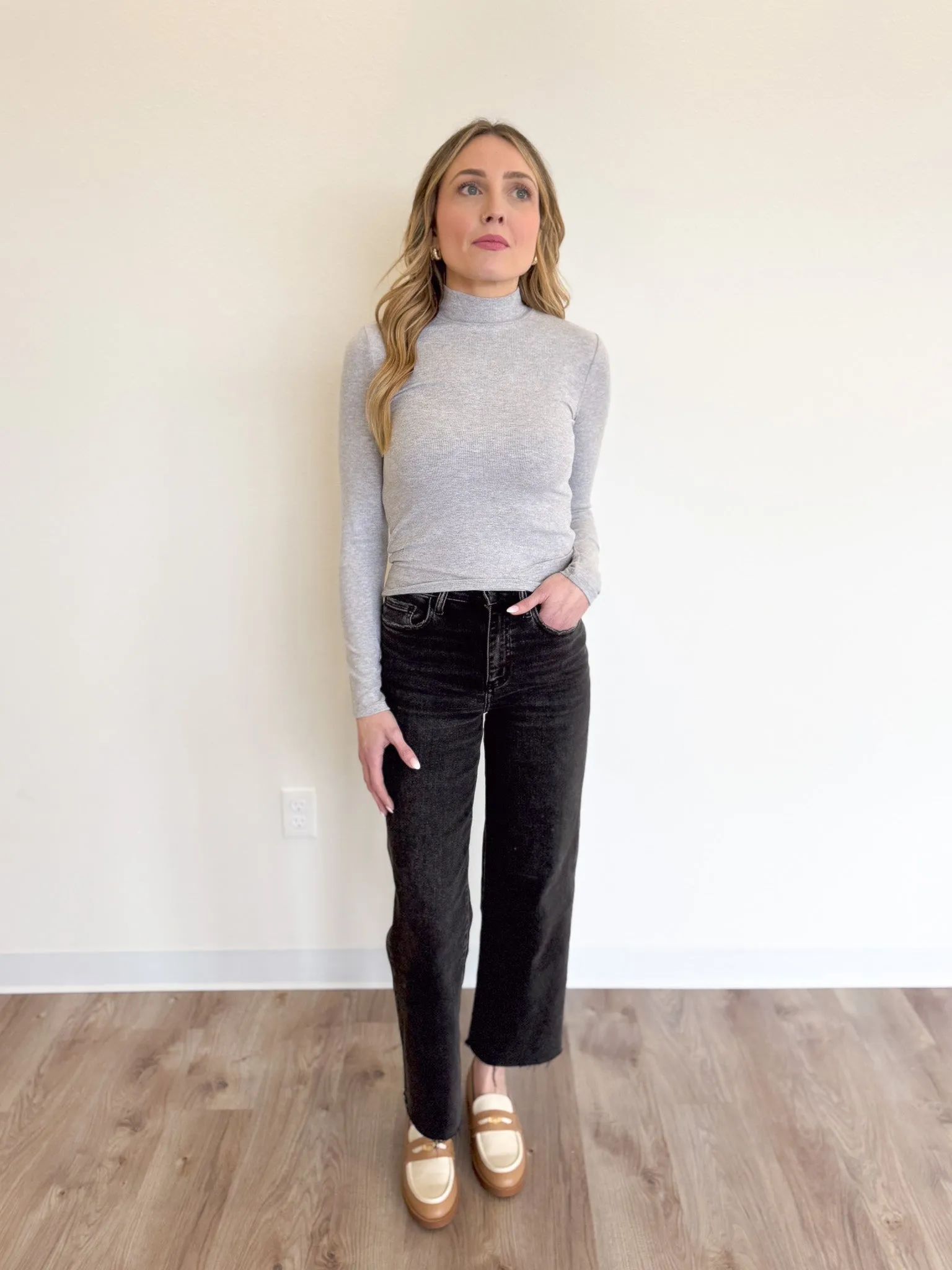 Giana Rib Mock Neck LS Top in H Grey