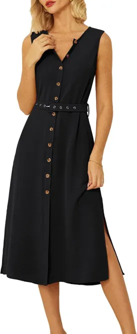 GRACE KARIN Women Casual Summer Dress 2025 Business Work Belted Sleeveless Button Down Shirt Midi Dresses with Pockets