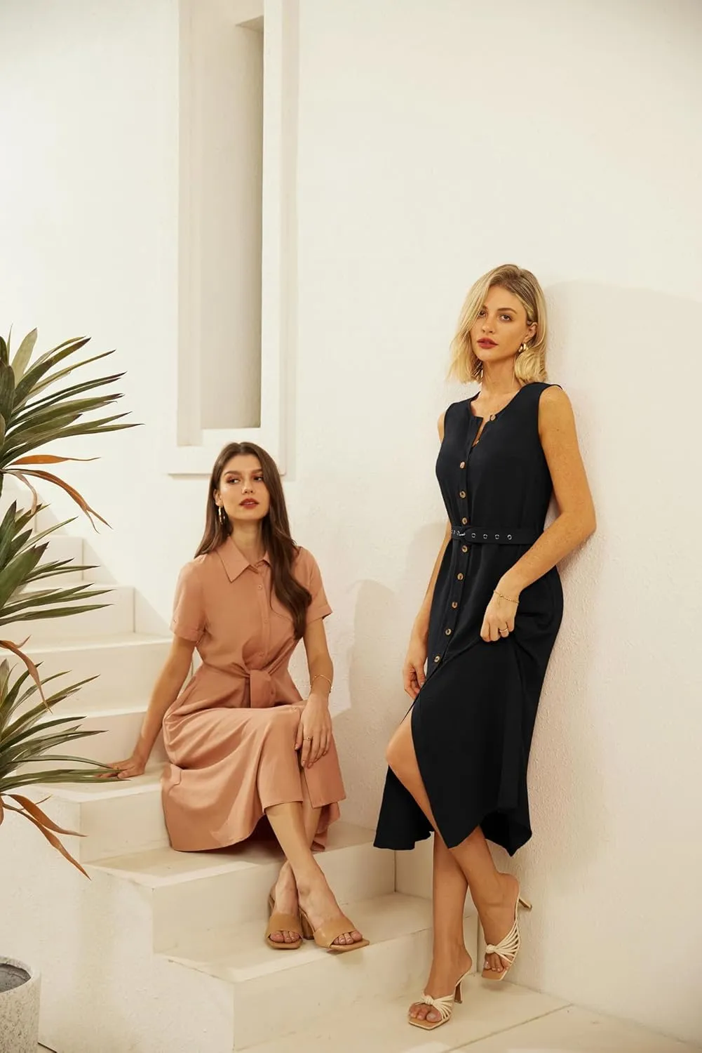 GRACE KARIN Women Casual Summer Dress 2025 Business Work Belted Sleeveless Button Down Shirt Midi Dresses with Pockets