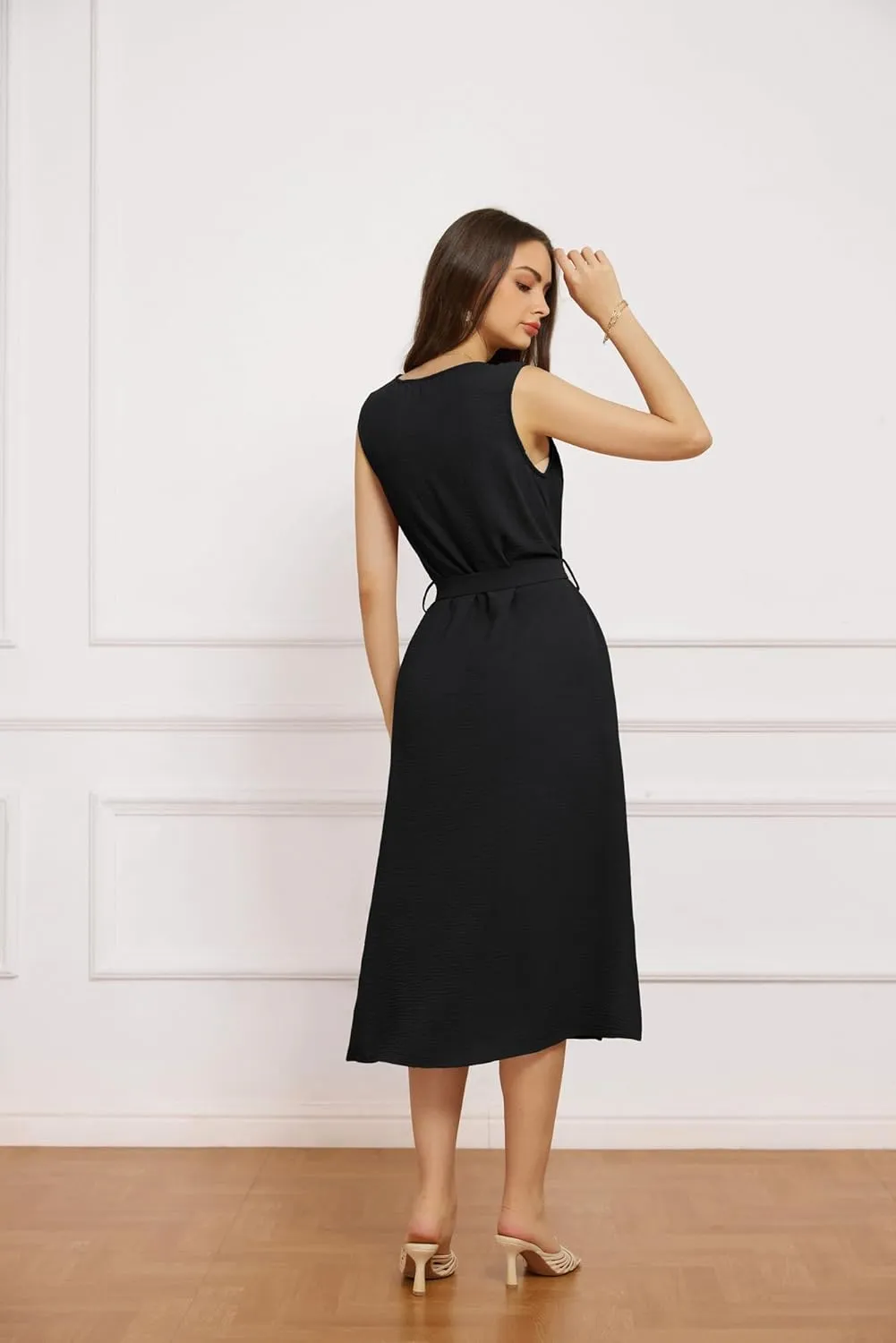 GRACE KARIN Women Casual Summer Dress 2025 Business Work Belted Sleeveless Button Down Shirt Midi Dresses with Pockets