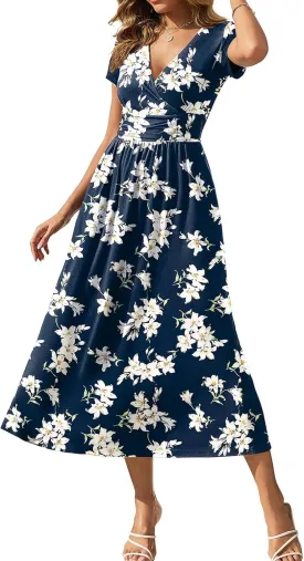 Gracyoga Women's Summer Dresses 2025 Short Sleeve Maxi Dress Casual V Neck Flowy Sundress with Pockets