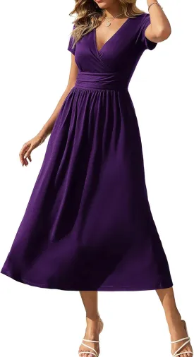 Gracyoga Women's Summer Dresses 2025 Short Sleeve Maxi Dress Casual V Neck Flowy Sundress with Pockets