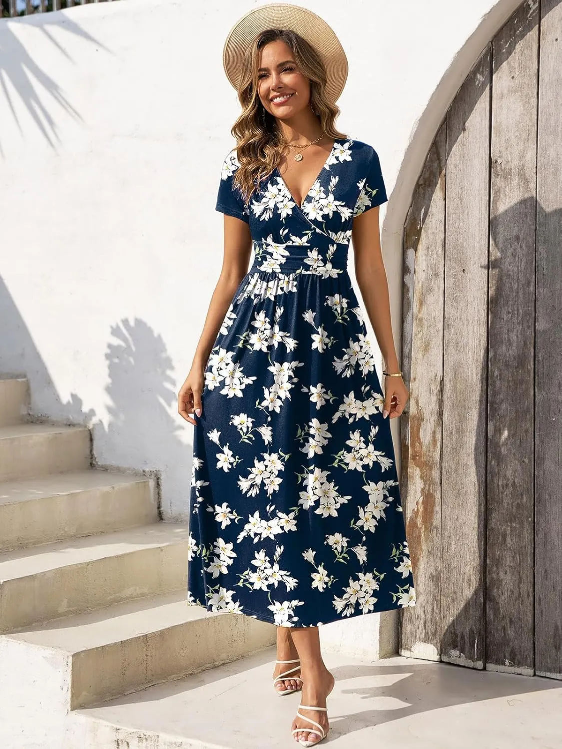 Gracyoga Women's Summer Dresses 2025 Short Sleeve Maxi Dress Casual V Neck Flowy Sundress with Pockets
