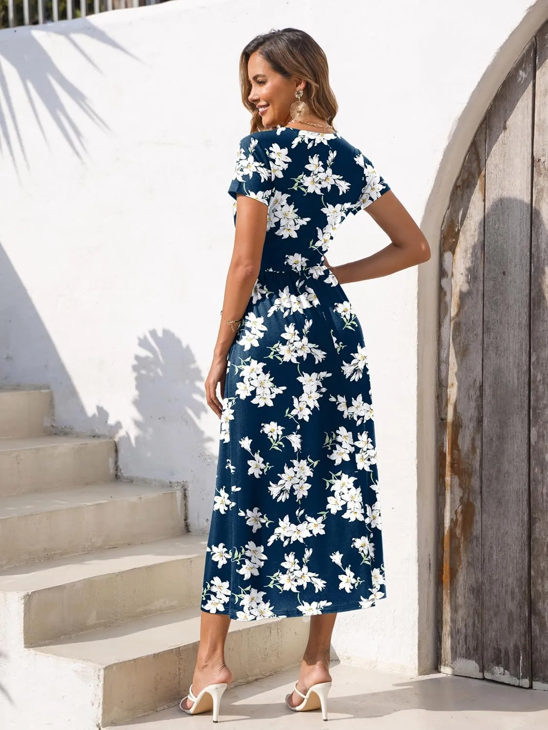 Gracyoga Women's Summer Dresses 2025 Short Sleeve Maxi Dress Casual V Neck Flowy Sundress with Pockets