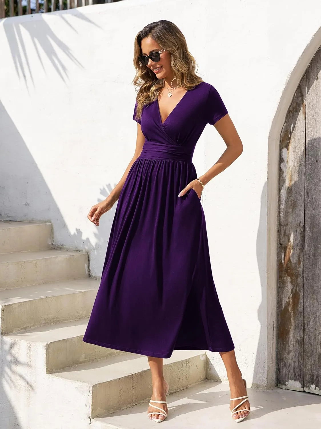 Gracyoga Women's Summer Dresses 2025 Short Sleeve Maxi Dress Casual V Neck Flowy Sundress with Pockets
