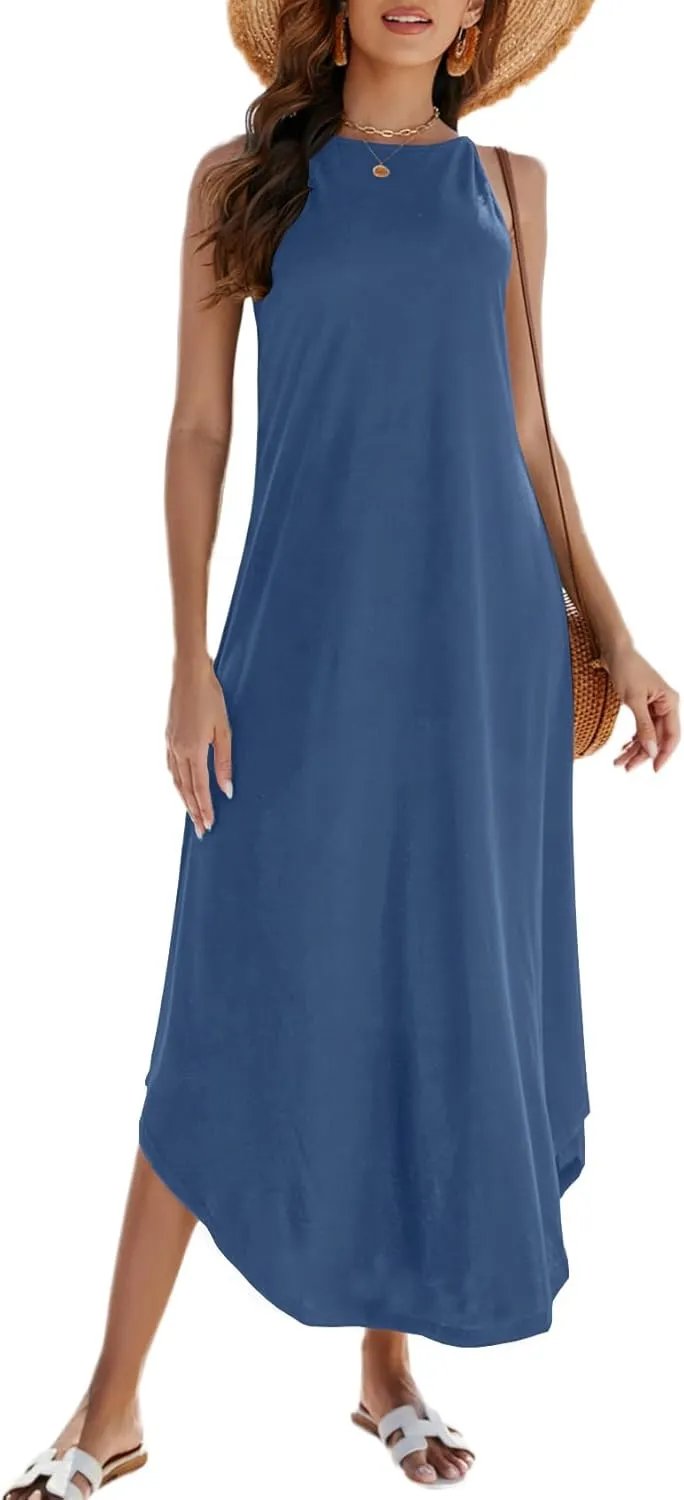 Halife Women's Summer Casual Sleeveless Beach Dress Long Halter Side Slit Maxi Sun Dresses