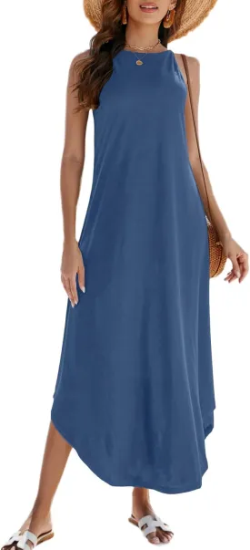 Halife Women's Summer Casual Sleeveless Beach Dress Long Halter Side Slit Maxi Sun Dresses