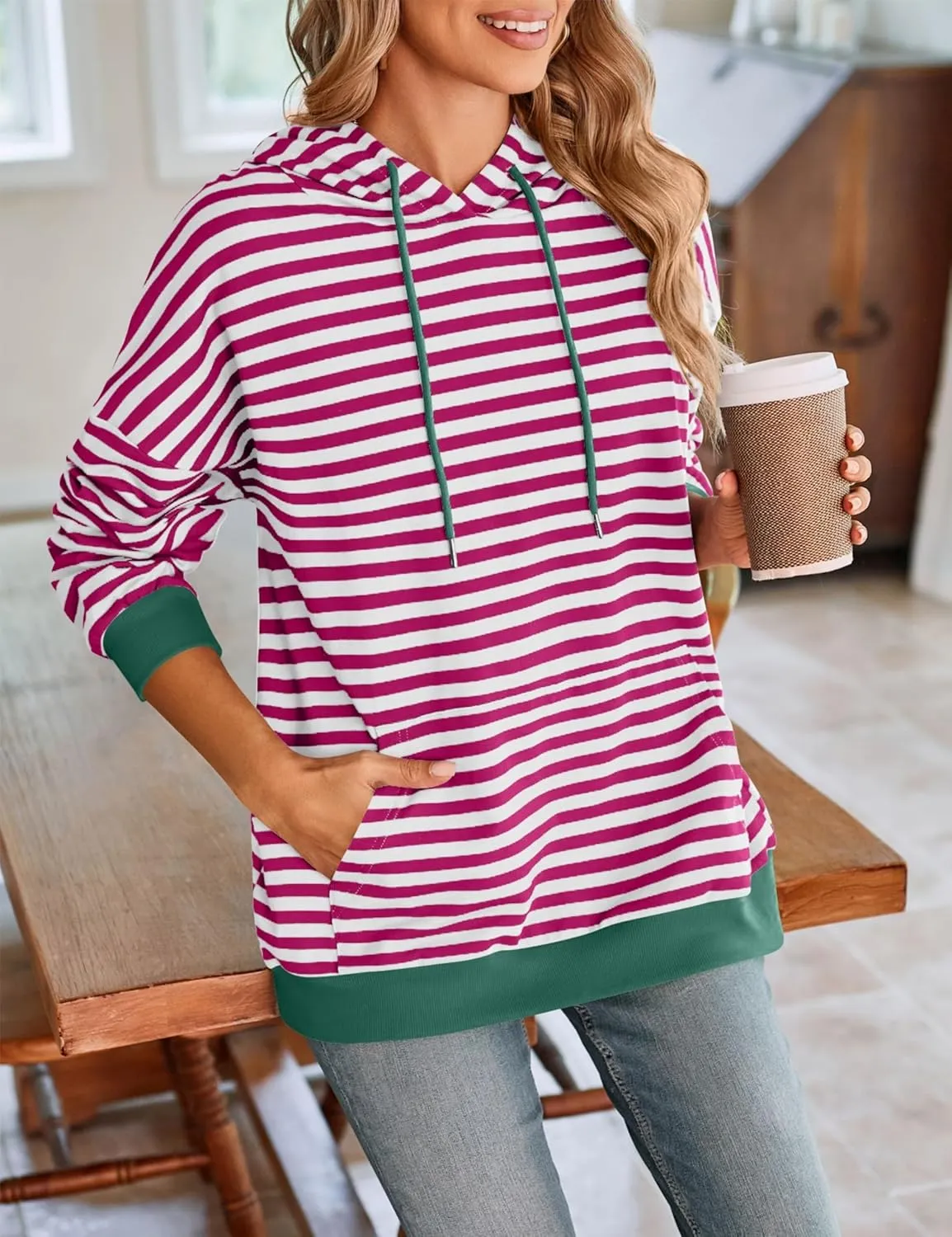 HangNiFang Oversized Striped Sweatshirt for Women Color Block Hoodies Pullover Top Long Sleeve Y2K Clothes