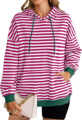 HangNiFang Oversized Striped Sweatshirt for Women Color Block Hoodies Pullover Top Long Sleeve Y2K Clothes