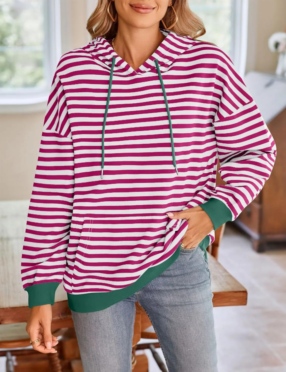 HangNiFang Oversized Striped Sweatshirt for Women Color Block Hoodies Pullover Top Long Sleeve Y2K Clothes