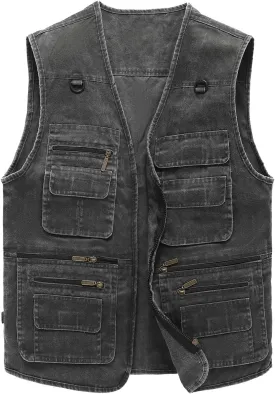 Hbufnha Men's Denim Vest Outdoor Casual Multi Pocket Sleeveless Jacket Jean Work Travel Utility Vest