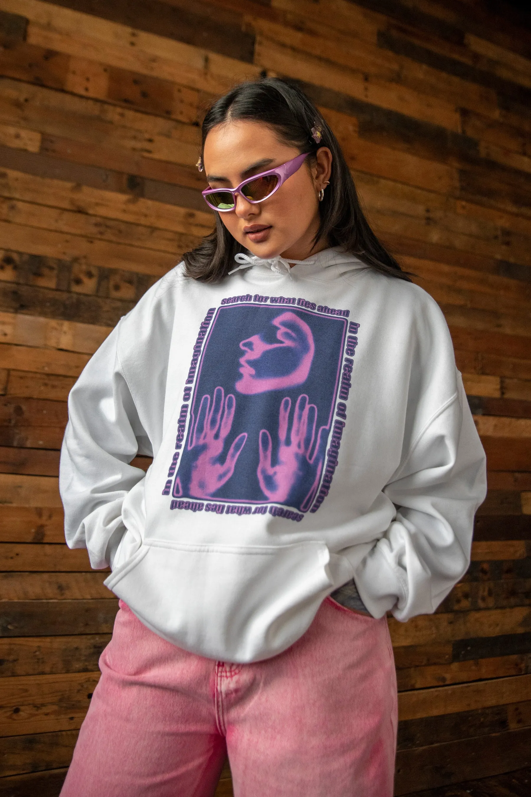 Hoodie in White With The Realm of Imagination Print