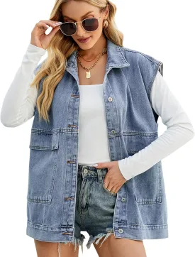 Huaqiao Womens Denim Vest Mid long Jacket Jean Sleeveless Vest with Pockets