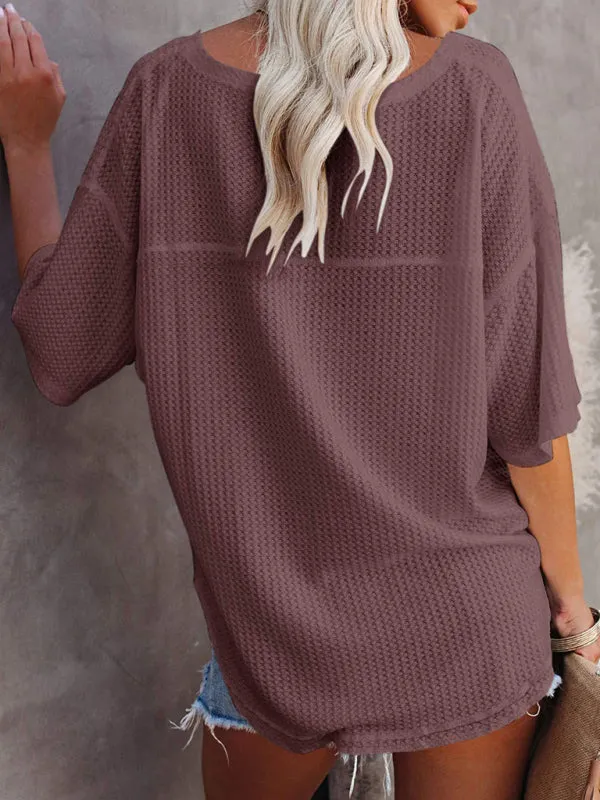 Kristy New V Neck Dolman Sleeve Waffle Knit Loose Solid Color Short Sleeve T-Shirt