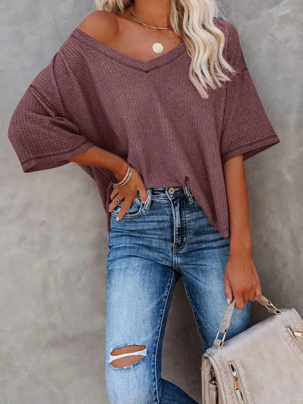 Kristy New V Neck Dolman Sleeve Waffle Knit Loose Solid Color Short Sleeve T-Shirt
