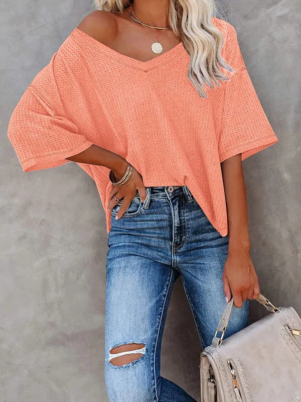 Kristy New V Neck Dolman Sleeve Waffle Knit Loose Solid Color Short Sleeve T-Shirt