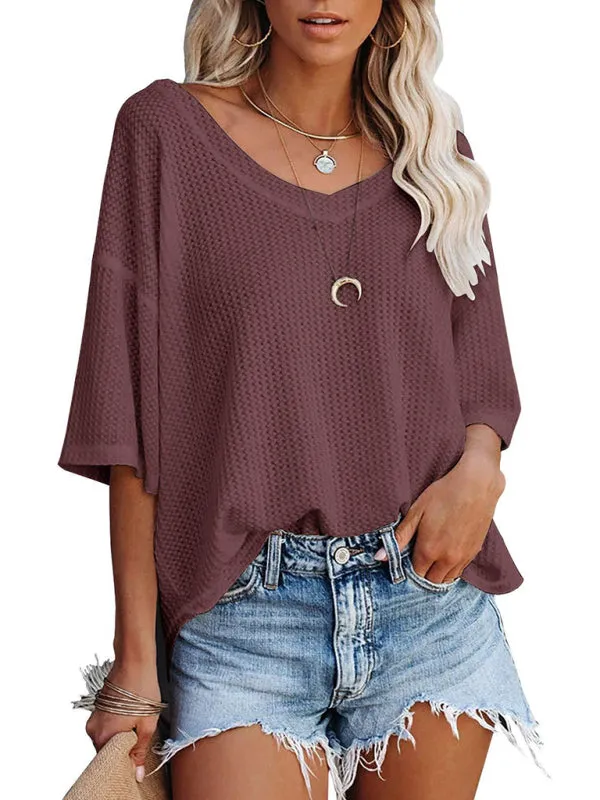 Kristy New V Neck Dolman Sleeve Waffle Knit Loose Solid Color Short Sleeve T-Shirt