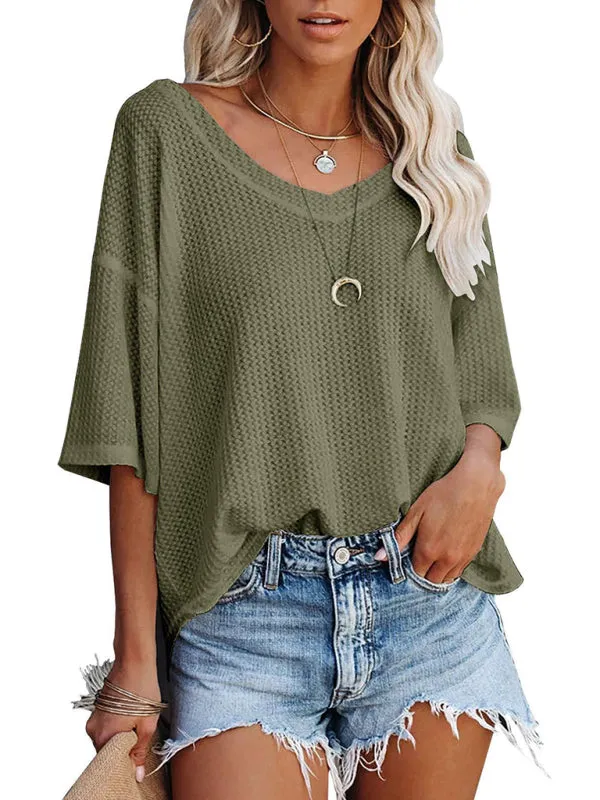 Kristy New V Neck Dolman Sleeve Waffle Knit Loose Solid Color Short Sleeve T-Shirt
