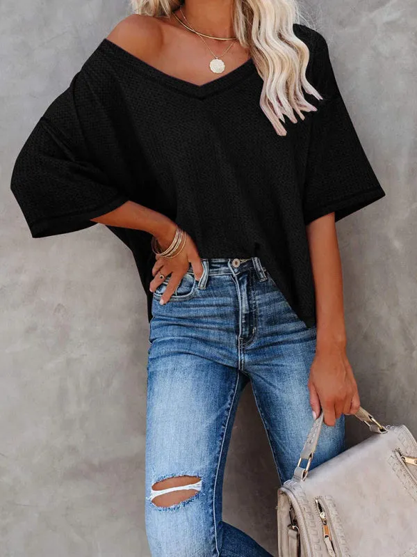 Kristy New V Neck Dolman Sleeve Waffle Knit Loose Solid Color Short Sleeve T-Shirt