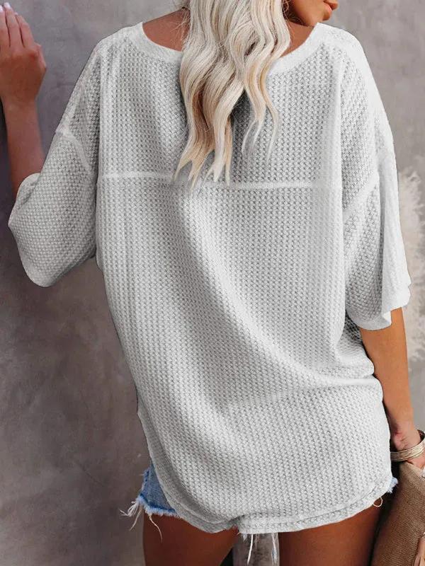 Kristy New V Neck Dolman Sleeve Waffle Knit Loose Solid Color Short Sleeve T-Shirt