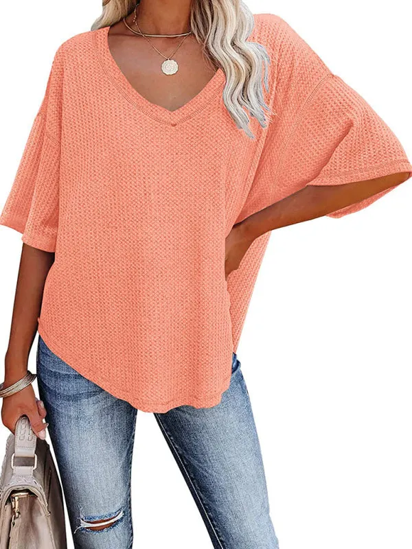 Kristy New V Neck Dolman Sleeve Waffle Knit Loose Solid Color Short Sleeve T-Shirt