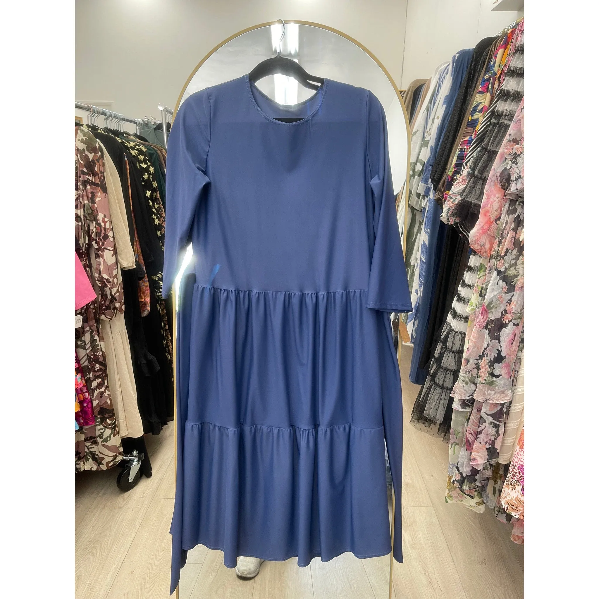 Ladies Modest Tiered Swim Dress - Light Navy, Sizes S-XL