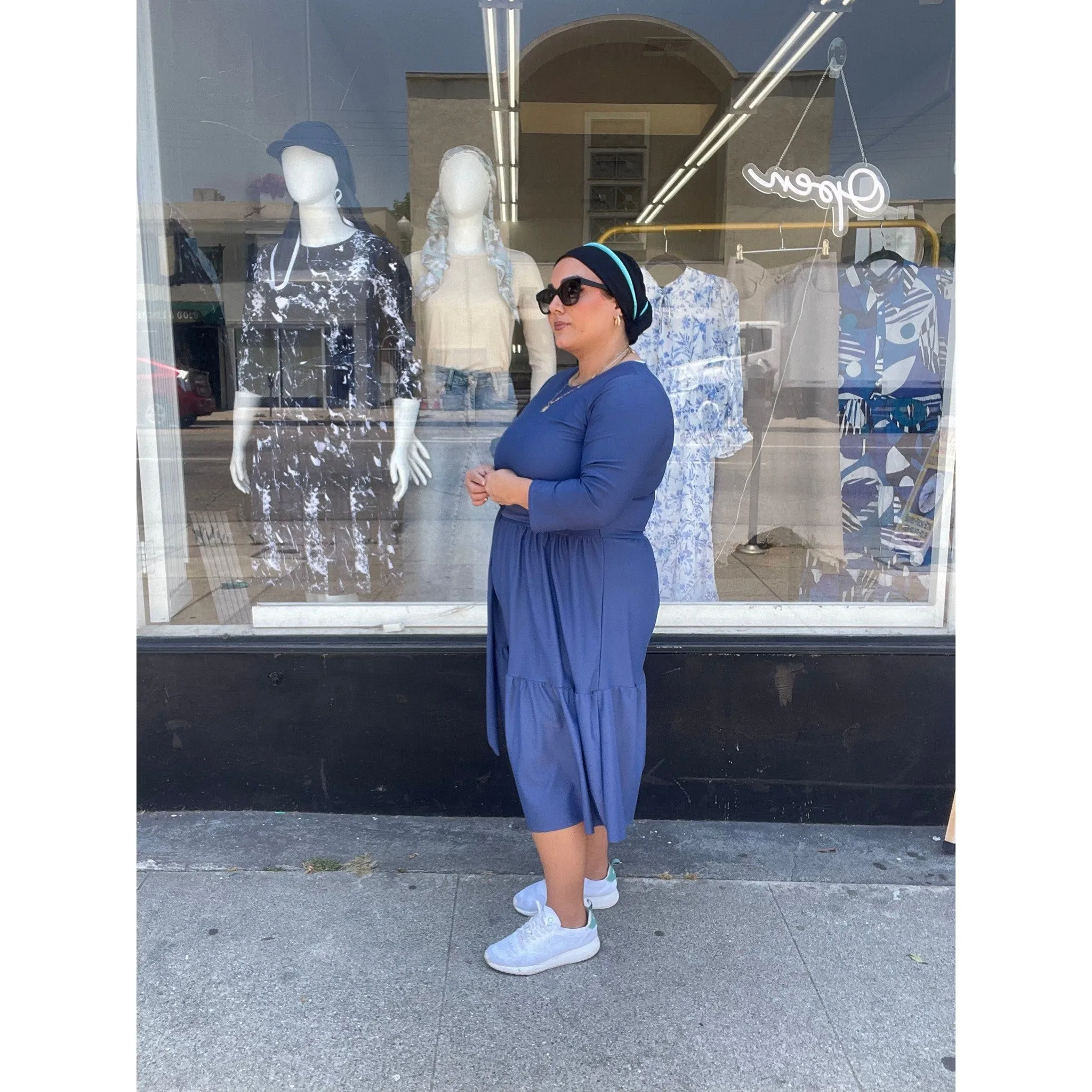 Ladies Modest Tiered Swim Dress - Light Navy, Sizes S-XL