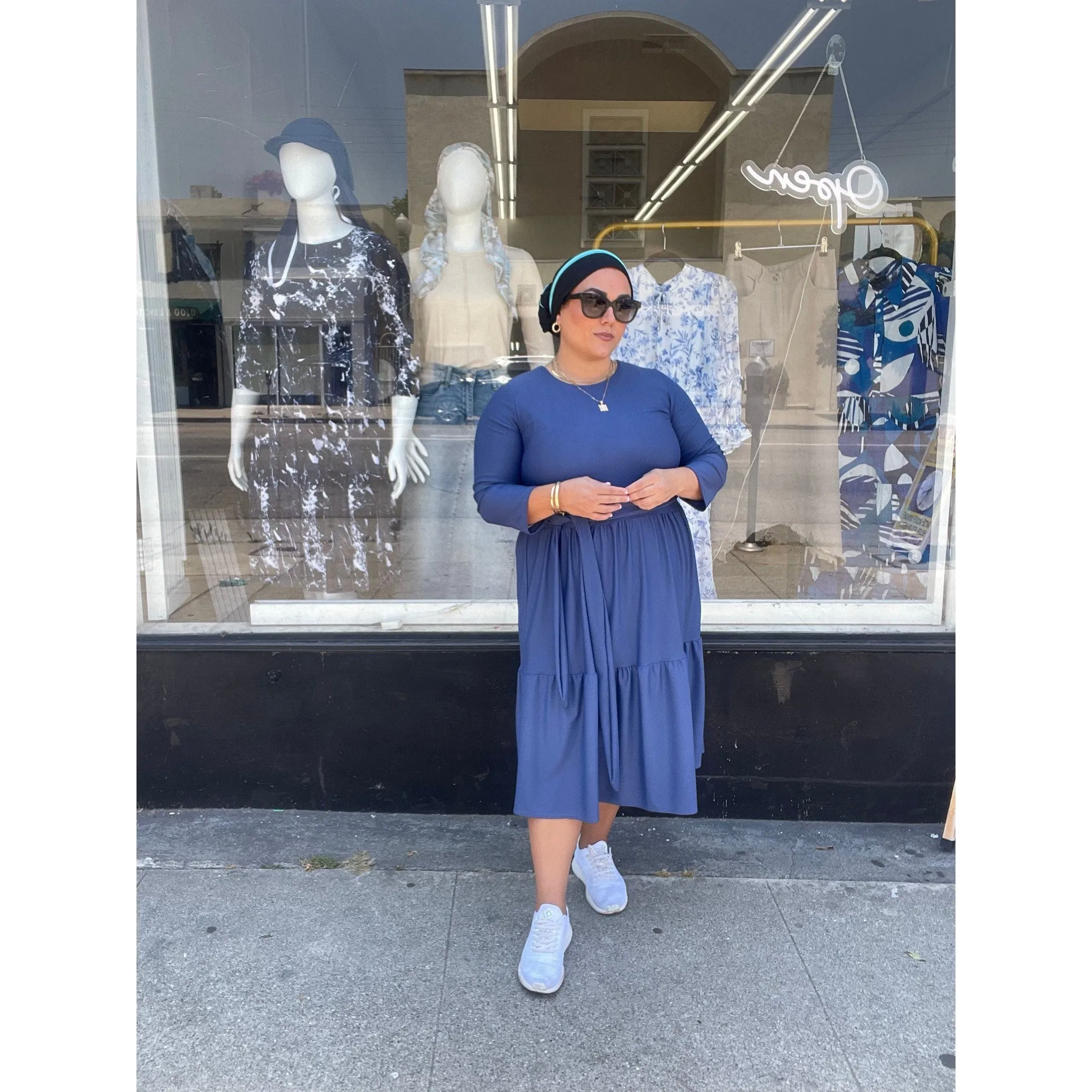 Ladies Modest Tiered Swim Dress - Light Navy, Sizes S-XL