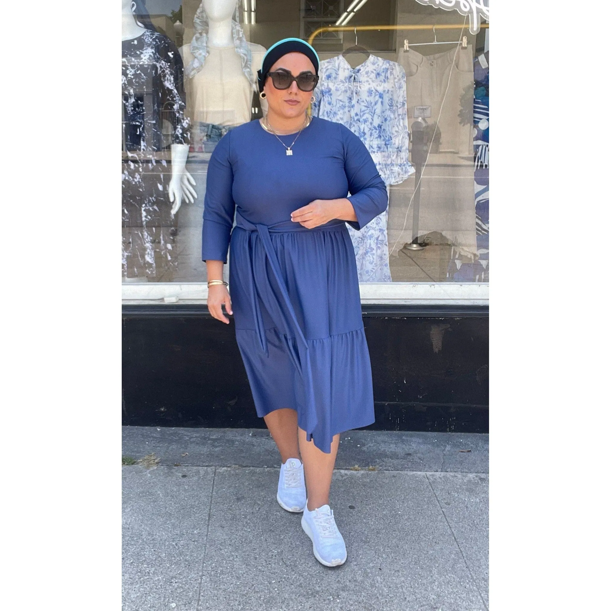 Ladies Modest Tiered Swim Dress - Light Navy, Sizes S-XL
