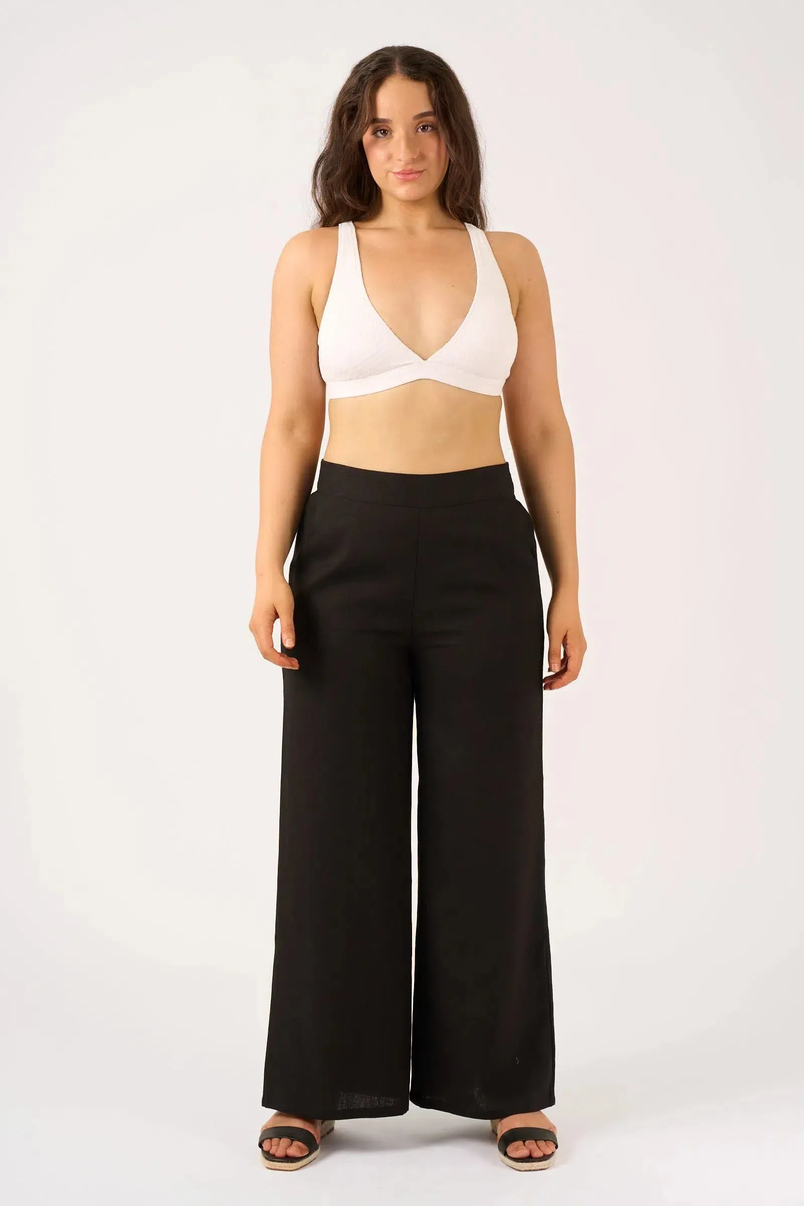 Linen Blend Wide Leg Pant With Pockets - Black