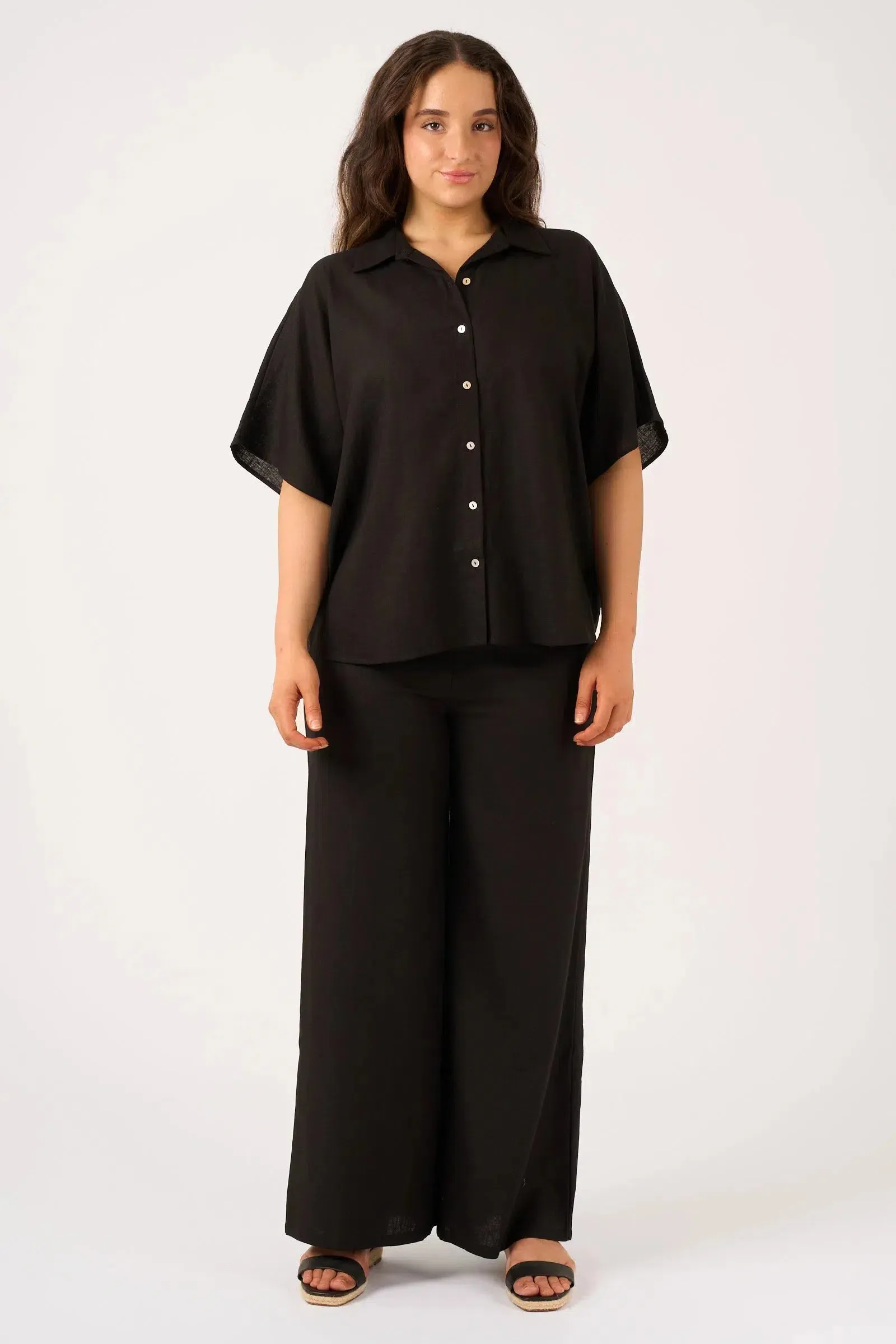 Linen Blend Wide Leg Pant With Pockets - Black