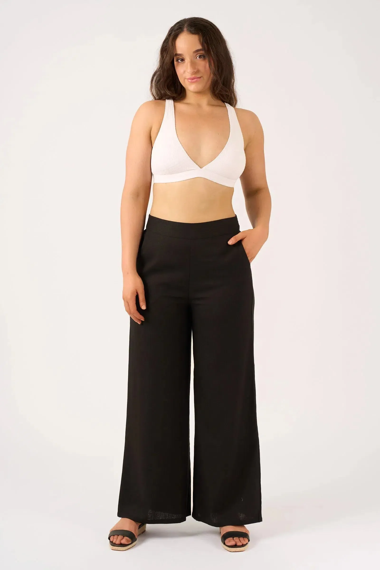 Linen Blend Wide Leg Pant With Pockets - Black