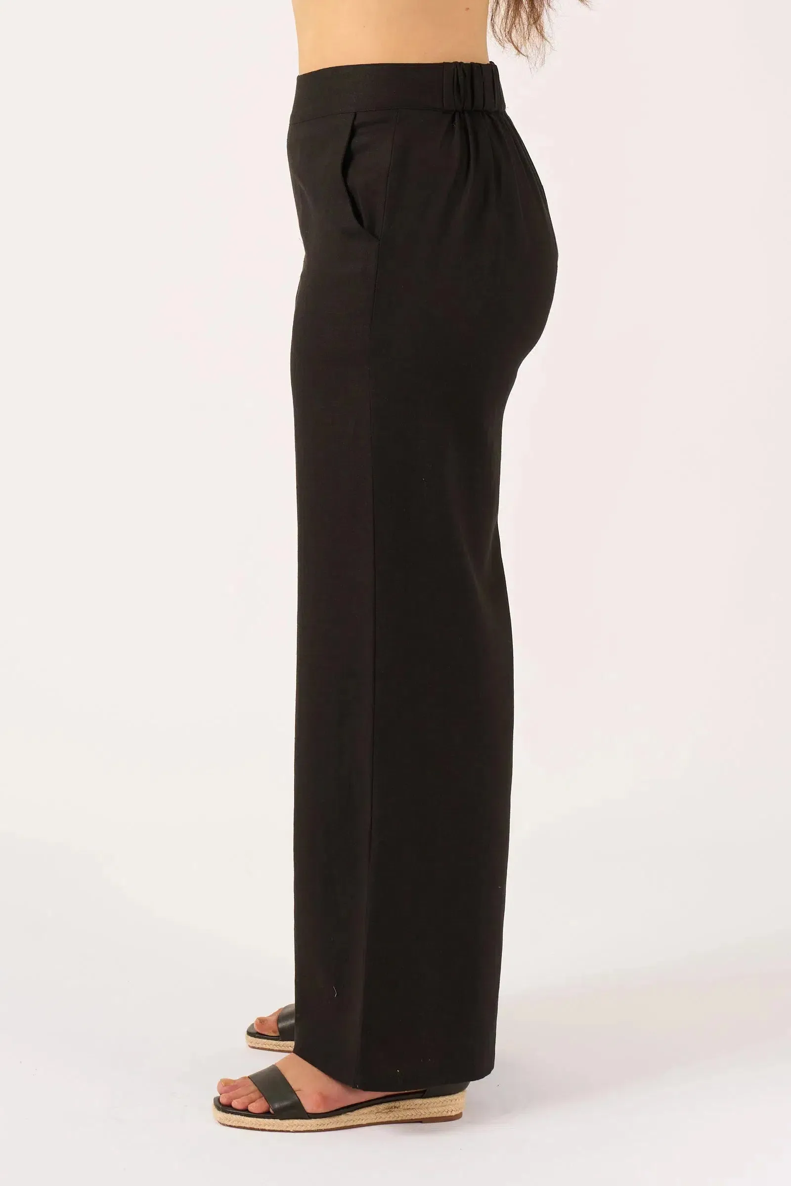 Linen Blend Wide Leg Pant With Pockets - Black