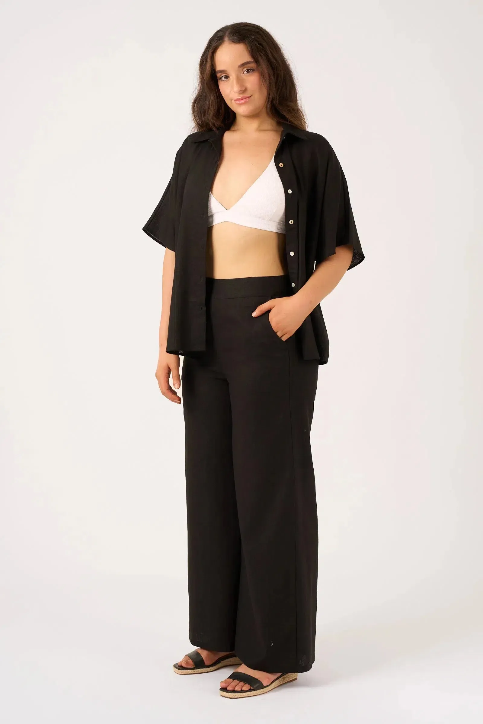 Linen Blend Wide Leg Pant With Pockets - Black