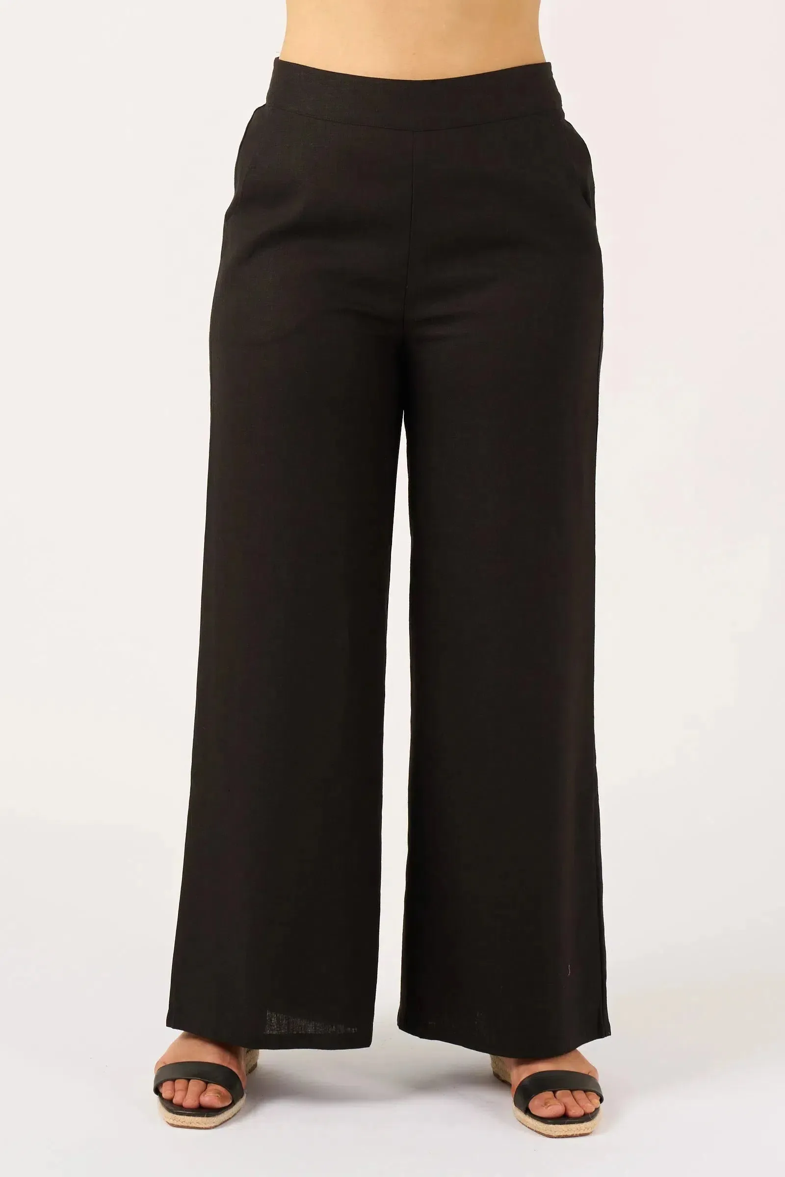 Linen Blend Wide Leg Pant With Pockets - Black
