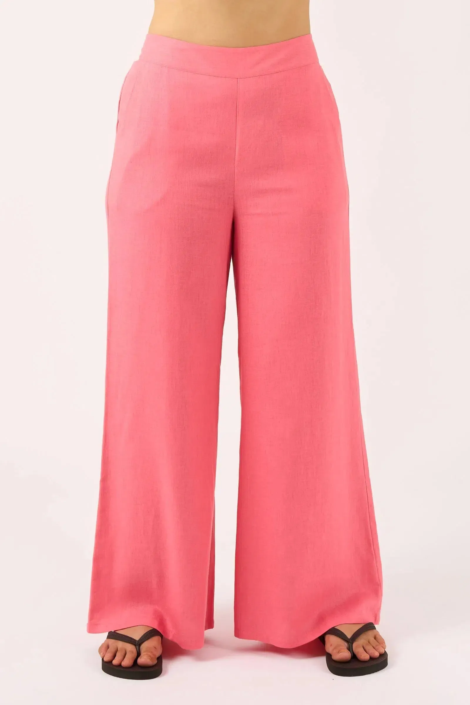 Linen Blend Wide Leg Pant With Pockets - Bubblegum Pink
