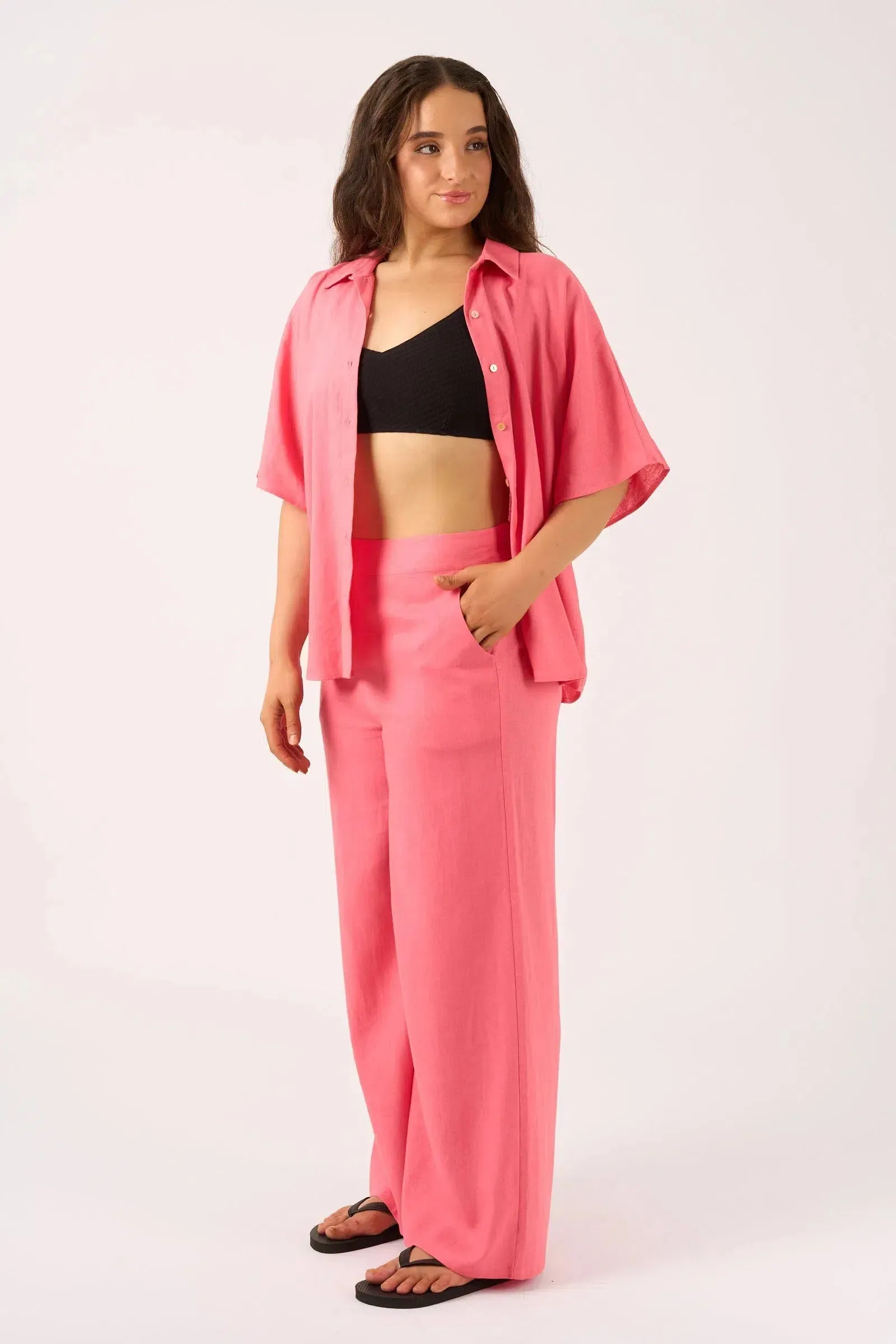 Linen Blend Wide Leg Pant With Pockets - Bubblegum Pink